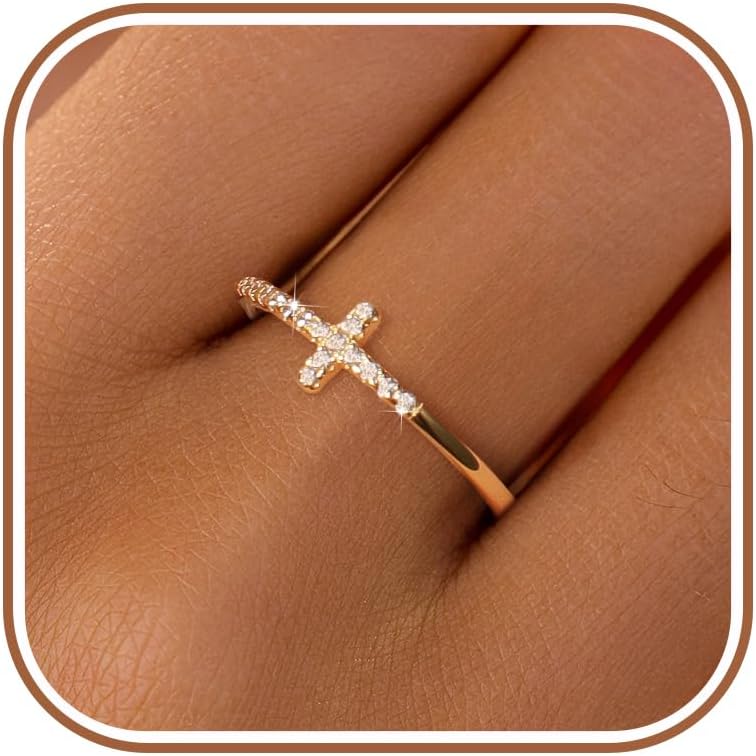 LOVECOM 925 Sterling Silver Cross Cubic Zirconia Rings for Women Eternity Purity Promise Ring Thin Thumb Ring Christian Confirmation Baptism Religious Jewelry Birthday Gifts for Mom Daughter