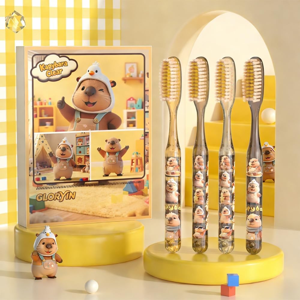 Cute Capybara Themed Toothbrush Gift Set for Kids (4-Pack), Super Soft & Long Bristles, Ages5-18, Makes Brushing Fun