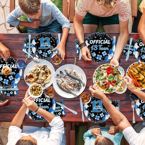 Image of 100 Pcs 13th Birthday Decorations for Boys Official Teen 13th Supplies Plates Napkins Forks Set Disposable Blue 13th Birthday Tableware Paper Plates Dinnerware for Kids Teenager Favors Serve 25