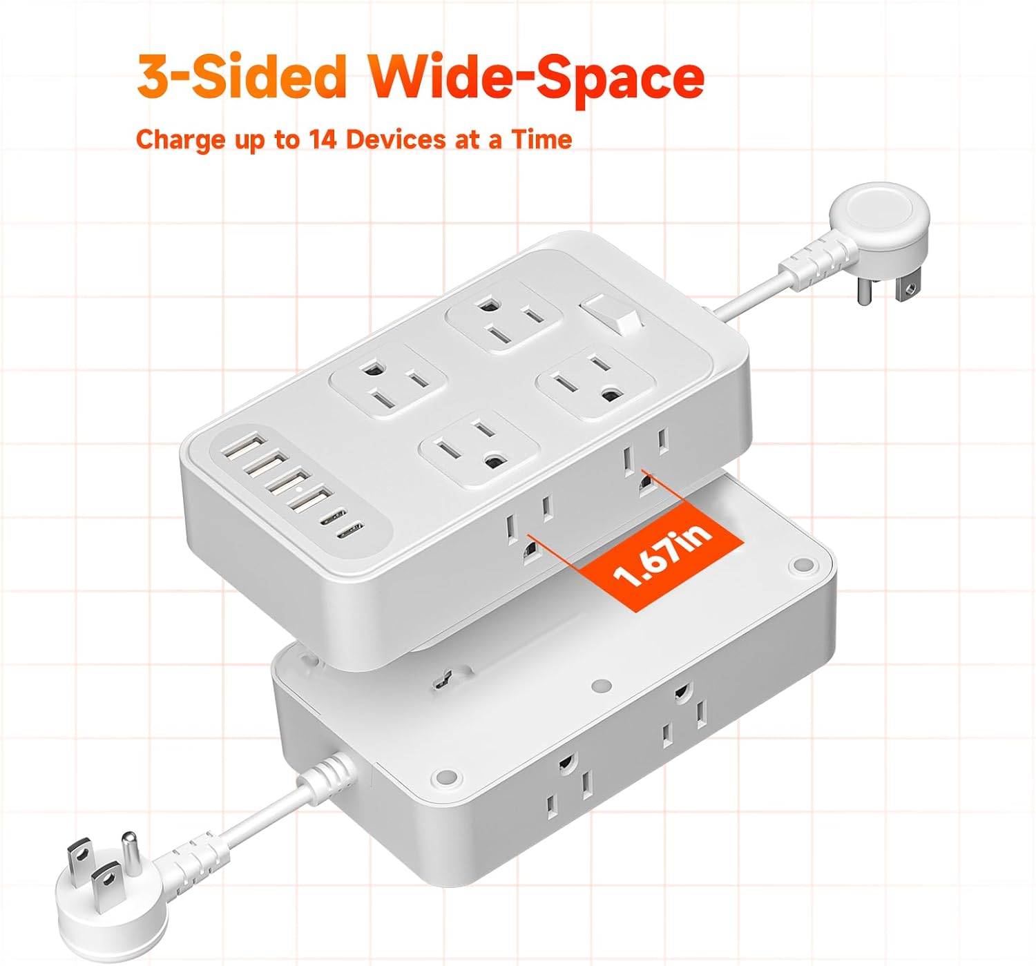 Short Extension Cord 0.3ft Power Strip-8 AC & 6 USB Ports(2 USB C), Multi Plug Outlet Extender, Non-Surge Protection for Cruise Travel Home Office Dorm Hotel