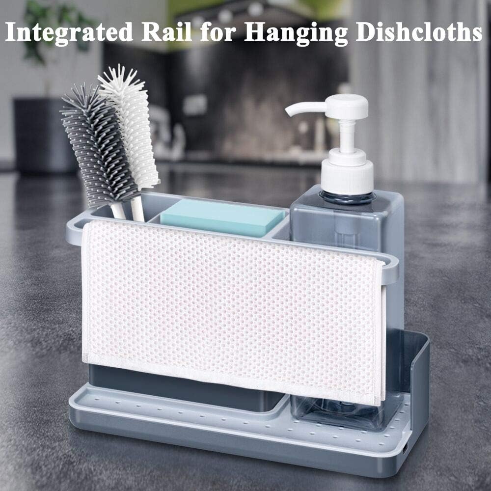 Nieifi Kitchen Sink Caddy Organizer with an Elegant Hand and Dish Soap Dispenser(A Premium Spare Pump Included), Sponger Brush Holder Plastic Gray