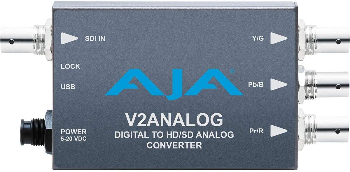من أعلى إلى أسفل view of the AJA V2Analog Mini-Converter, showing all input and output labels clearly.