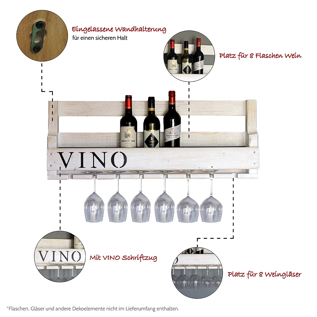 Dekorie Botellero de Madera para la Pared - Con Soporte para Copas y Texto Vino - Blanco - Montado - Estantería para Botellas y Copas — view 5