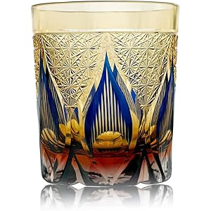 JIACI Edo Kiriko style Hand Cut Crystal Glass Tumbler Whisky 260ml Tumbler For Whiskey-Cocktail-Vodka-Beer Drinkingware Glasses Crystal Whiskey With Gift Box (Amber Blue)
