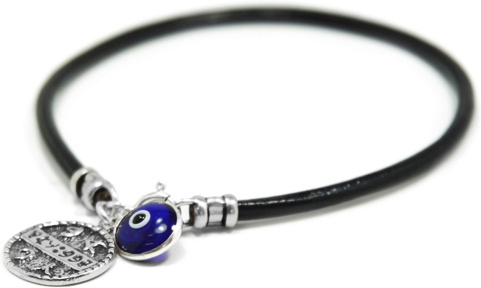 Men's 20 CM Health & Well Being Charm Bracelet for Men with Sterling Silver Coin Amulet and Blue Evil Eye Protection Charm on Black Leather Bracelet - Health Jewelry Gift for Men Dad Husband Boyfriend