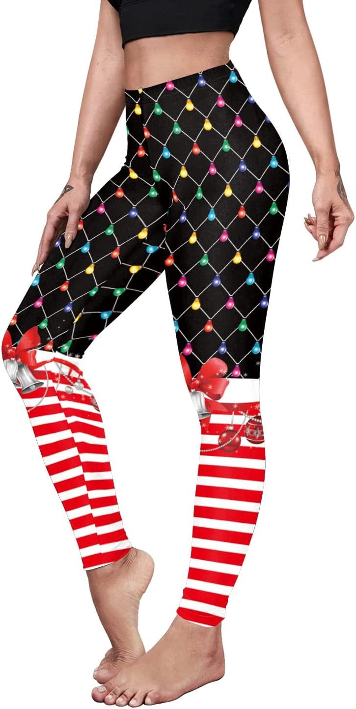 Women's High Waist Christmas Leggings Striped Reindeer Sknowflake Printed Holiday Tights