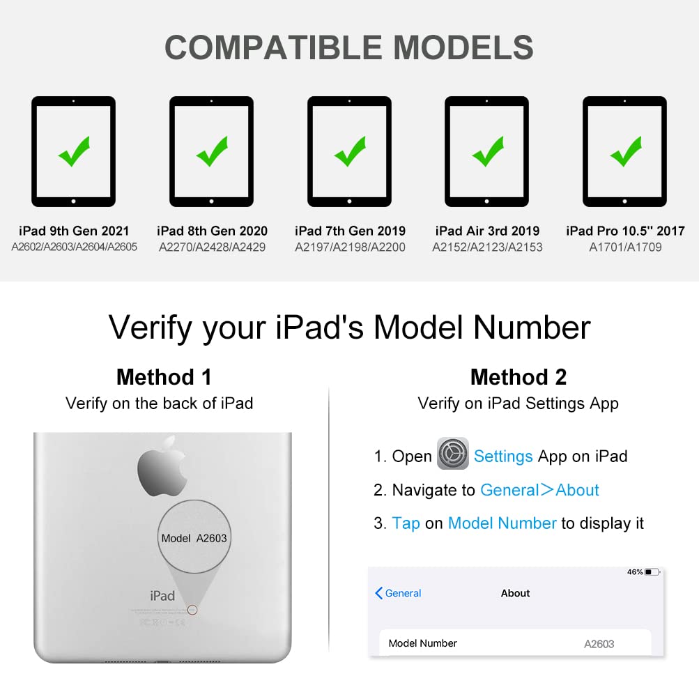 MMK for iPad Keyboard Case for 10.2" 9th/8th/7th Generation 2021/2020/2019, Detachable Wireless BT Keyboard with Magnetic Protective Cover with Pencil Holder for iPad Pro 10.5" 2019