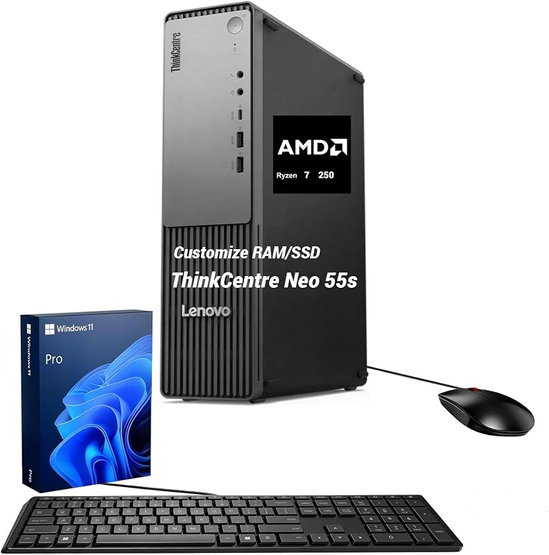 Lenovo ThinkCentre neo 55s Business AI SFF Desktop, AMD Ryzen 7 250, Customized with 16GB - 64GB DDR5, 512GB - 2TB SSD, Support 2-Monitor 4K, HDMI, DP, Wired KB & Mouse, Wi-Fi 6, Windows 11 Pro, Black