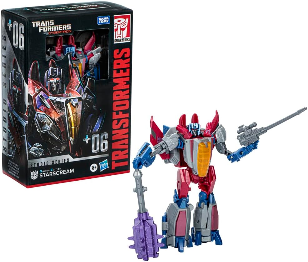 Transformers Studio Series Starscream figure in robot mode next to its packaging.