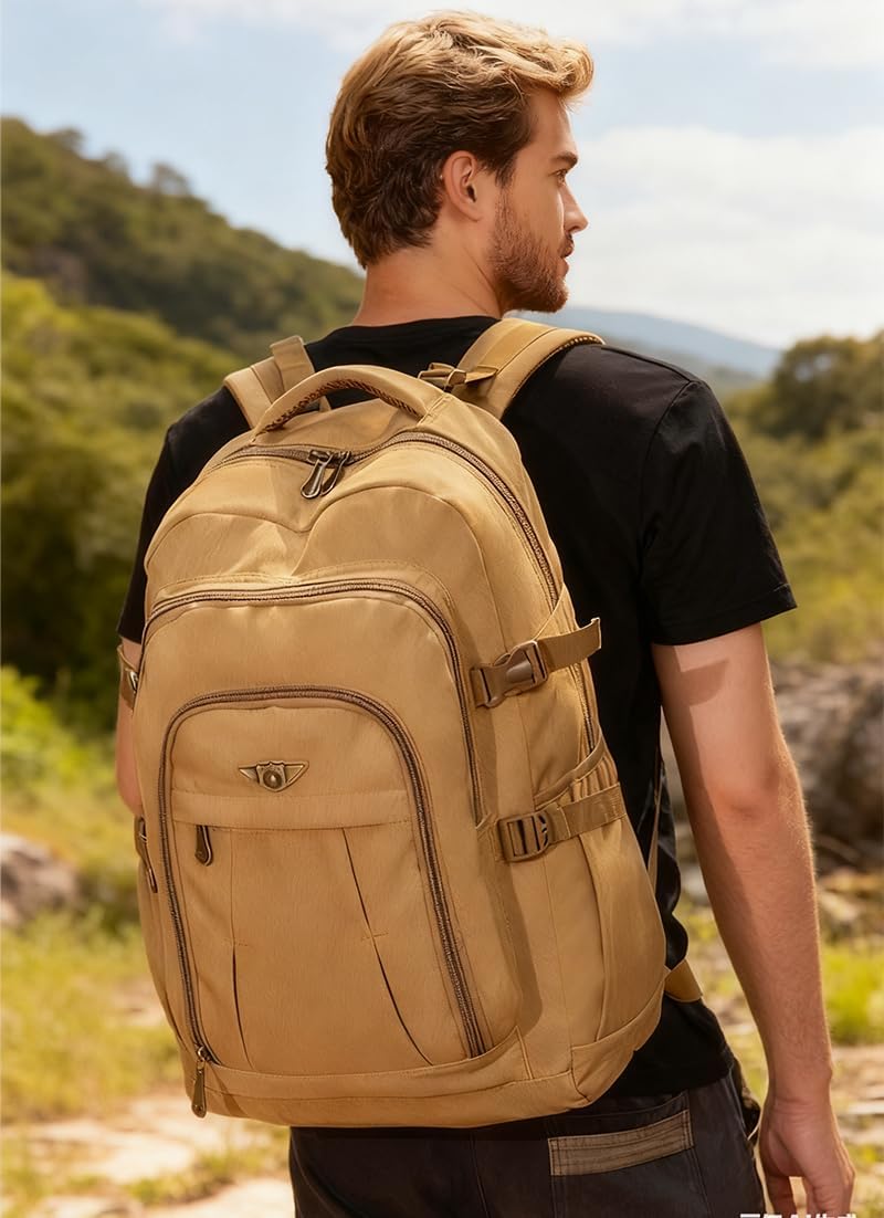Men's Canvas Travel Backpack, Large 50L Hiking Daypack with Multiple Compartments, Heavy Duty Rucksack, Brown(50L)