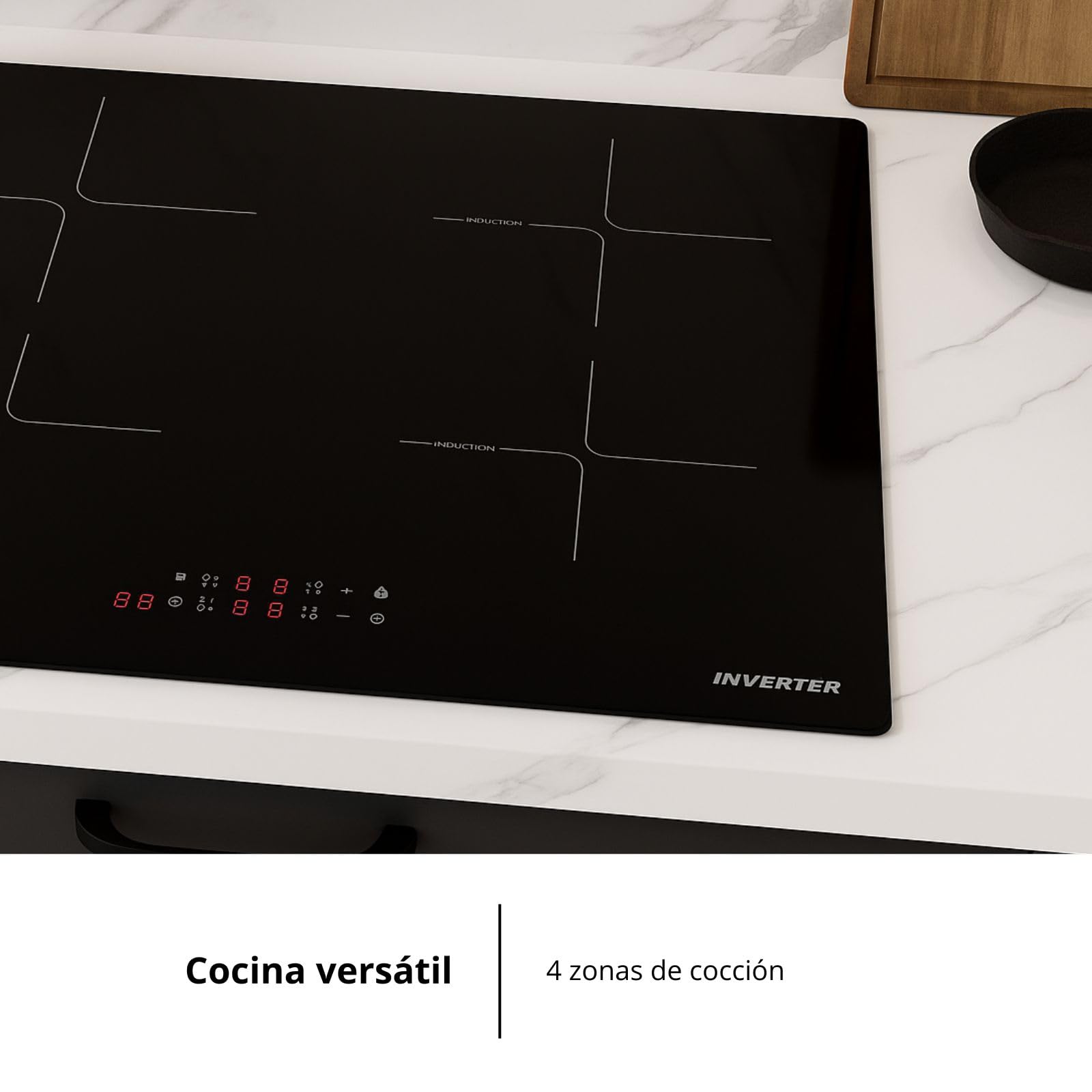 Corberó - Placa de Inducción 60cm | CCIM472 | 7200 W| 4 Zonas | Booster | Inverter | Control Táctil | Temporizador | Bloqueo Infantil | Desconexión automática | Negro