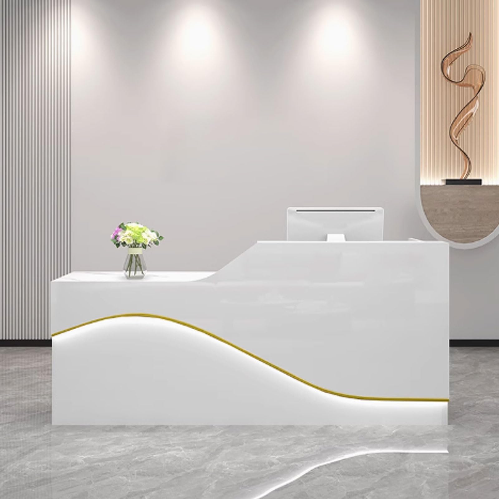 Empfangstresen für Praxis, Reception Desk Salon, Empfangstheke Tresen Rezeption, Rezeptionstheke Holzwerkstoff Einfach zu Montieren(White with Gold,1.4m)