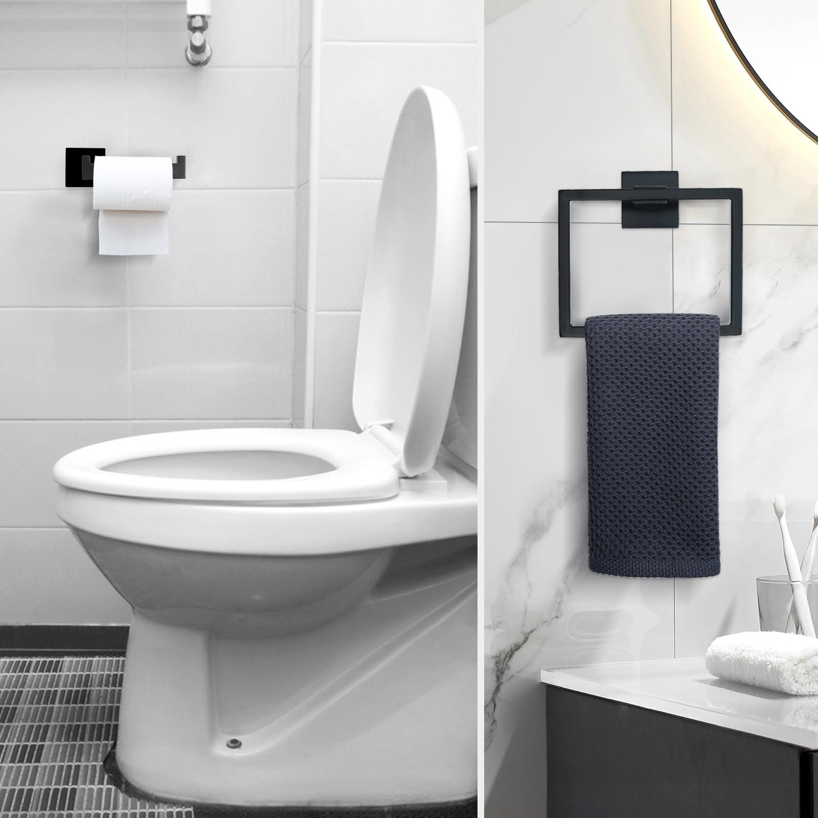 TURS Negro Toalleros de Aro Acero Inoxidable Toallero de Estilo Montado en Pared e Anilla INOX 304 Chrome Accessori Bagno de Toalla Soporte de Toalla Nero