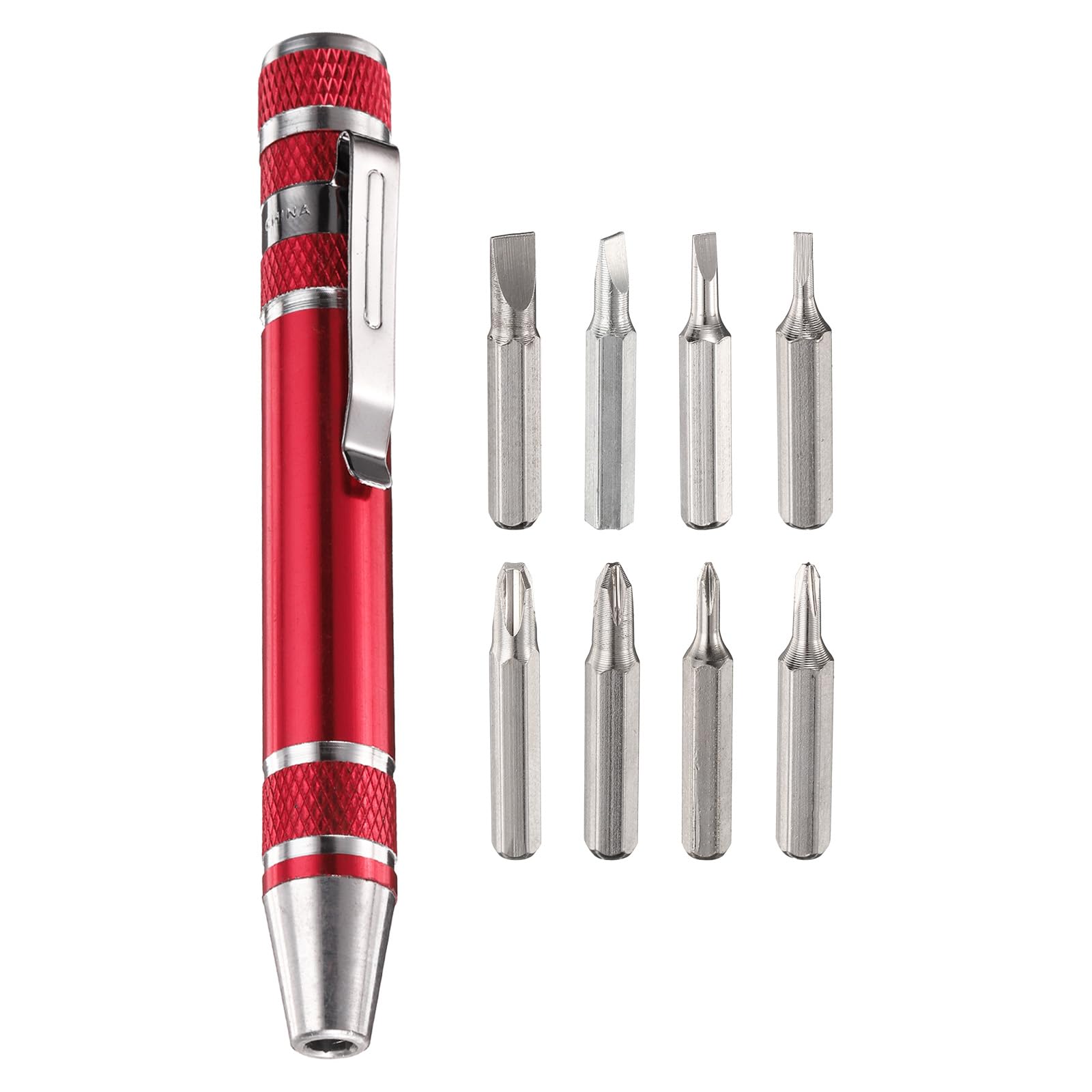 sourcing map 8 in 1 Mini Pocket Pen Screwdriver Set CR-V Multi-Function Small Magnetic Screw Driver with Phillips and Flat Head Bits for Computer Eyeglasses, Red