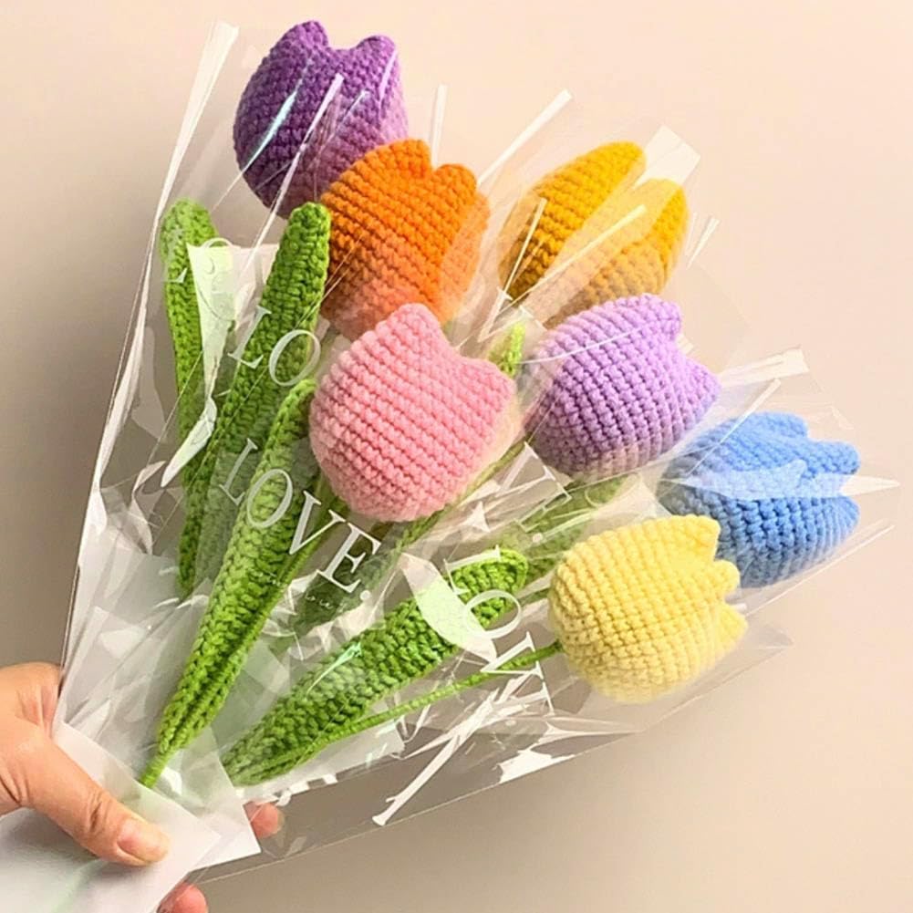 JOONOR 7 Pieces Completed Crochet Flowers Bouquet Hand-Knitted Tulip Artificial Wool Flower for Mother's Day Birthday Wedding Home Decor