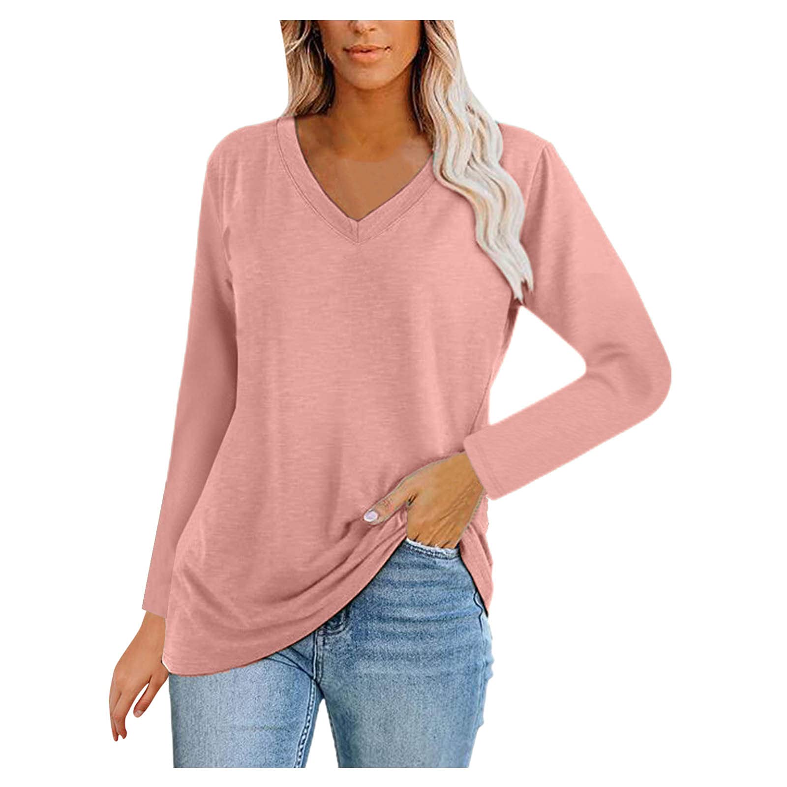 YANH Women's Print Long Sleeve T Shirts Color Block V Neck Casual Tunic Tops Striped Loose Blouses Comfortable Pullover Tee