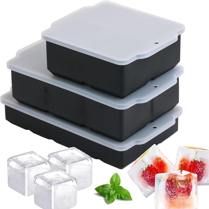 Yapwiki Szilikon Jégkocka Készítő Szett Fedéllel - 3 db BPA-mentes, Egymásba Rakható Jégkocka Forma 5 cm és 3,3 cm Méretben Vízhez, Whiskyhe