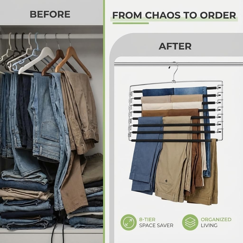 USTECH Arm Pants Hanger - 8 Tier Multi Tier Swing Hanger with Foam Padding and Removable Arm for Storage Organizer Effective Space Saving Design Pack of Two, Ideal for Jeans Skirts and Pants