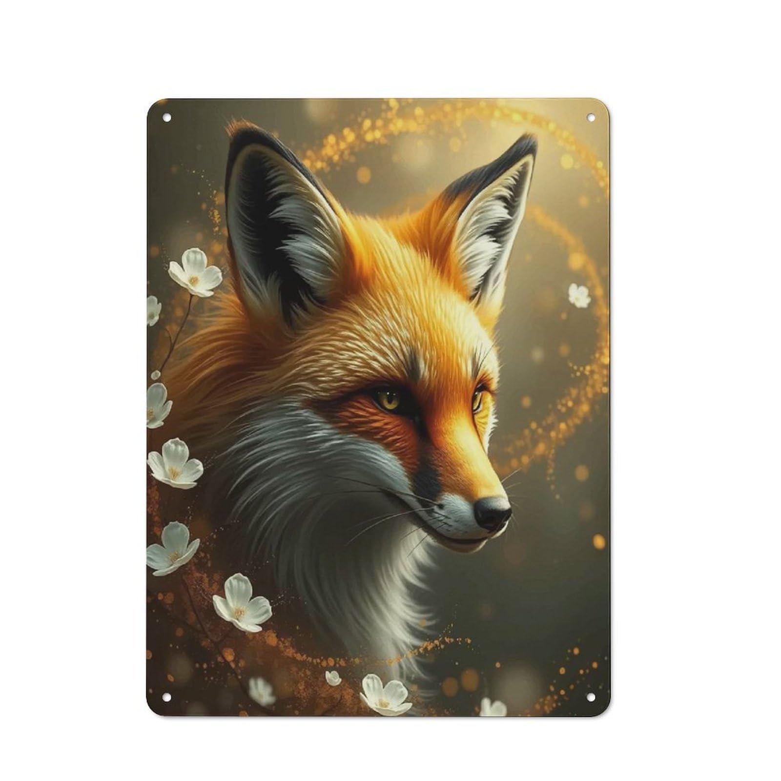 Fox Portrait with Flowers Creative Metal Wall Decor 40x30cm, Decorative Metal Sign for Office, Study, Studio Or Hallway