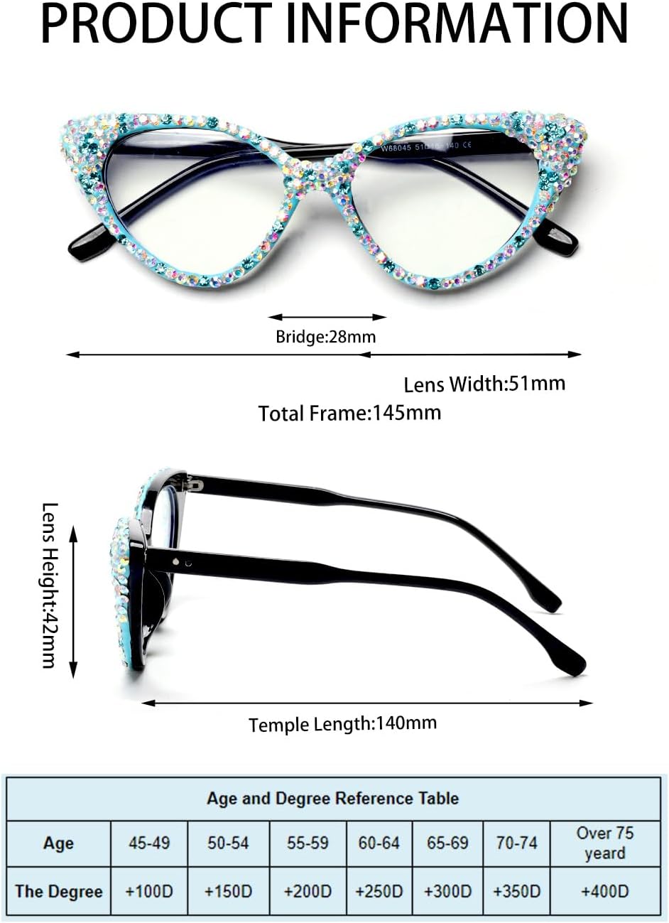 ICARA Bling Crystal Cat Eye Reading Glasses Rhinestone Blue Light Blocking Glasses for Women - Image 6