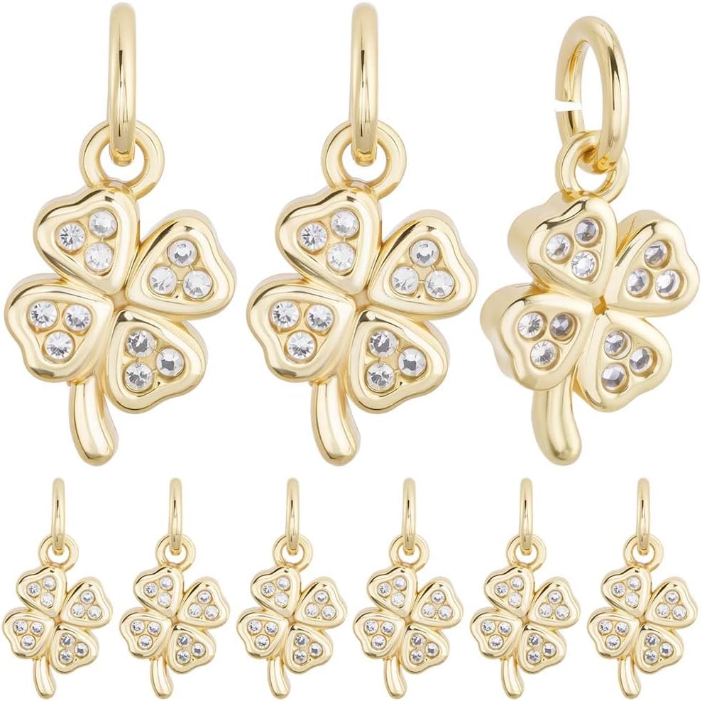 Beebeecraft 1 Box 18Pcs Cubic Zirconia Clover Charms 18K Gold Plated Four Leaf Clover Shamrock Charm Lucky Dangle for Jewelry Making DIY Crafts Earring Bracelet St. Patrick