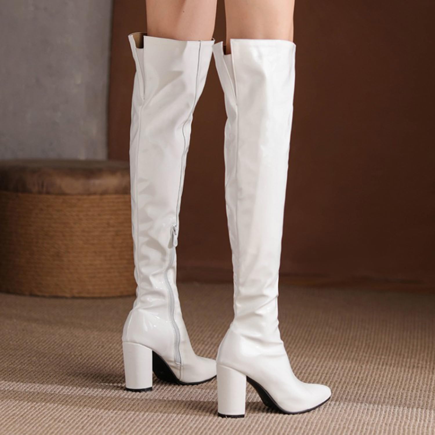 Women's Patent Leather PU Heeled Thigh High Boots Waterproof Classic Chunky High Heel Long Boots
