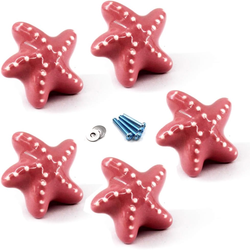 Flomore Pink Drawer Knob Ceramic Cabinet Knobs Kids Room Handle Pull Starfish Shape for Dresser Drawers (Pack of 5 Screws Included)