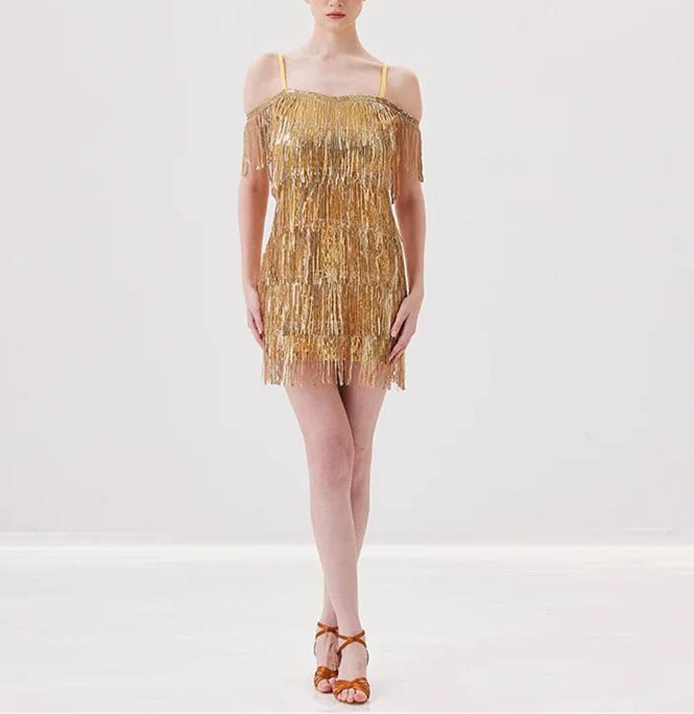 Women Latin Dance Practice Outfit Spring Sequin Tassel Backless Dress Adult Party Ball Training Wear