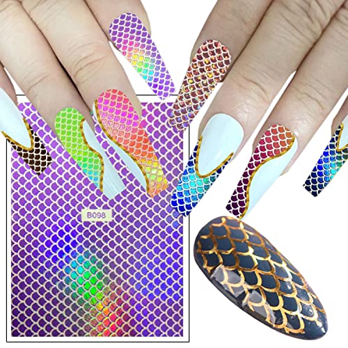 12 Colors Fish Scales Nail Art Stickers, 3D Mermaid Self-Adhesive Sticker Design, Laser Gold Silver Red Black Blue Pink Yellow Green Fish Scales Nail Transfer Decals For Women Manicure Decorations #TOP8