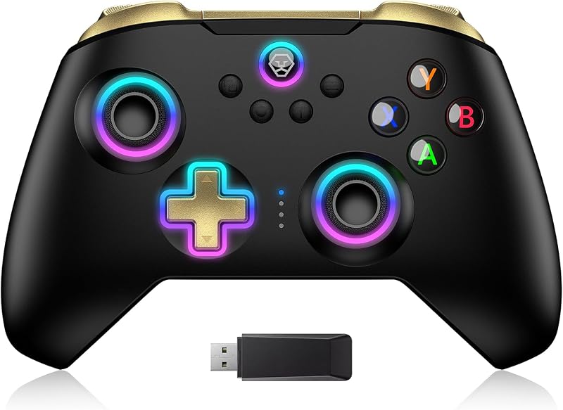 Moonag Controlador Inalámbrico de PC con Joystick de Efecto Hall, 2.4G Inalámbrico y Cableado Velocidad de Sondeo de 1000Hz, Turbo y Doble Vibración, Iluminación RGB, Controlador de Juegos para PC/Switch/iOS/Android, Negro
