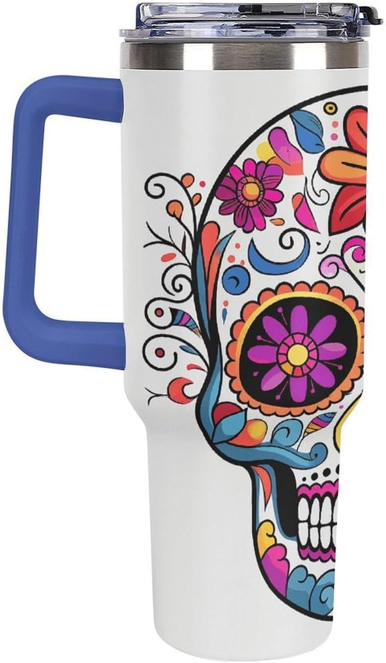 Sugar Skull Travel Coffee Mug Reusable Durable Stainless Steel Insulated Tumbler with Handle And Straw Leak Resistant Portable Thermal Cup Gifts for Men Women 40 Oz