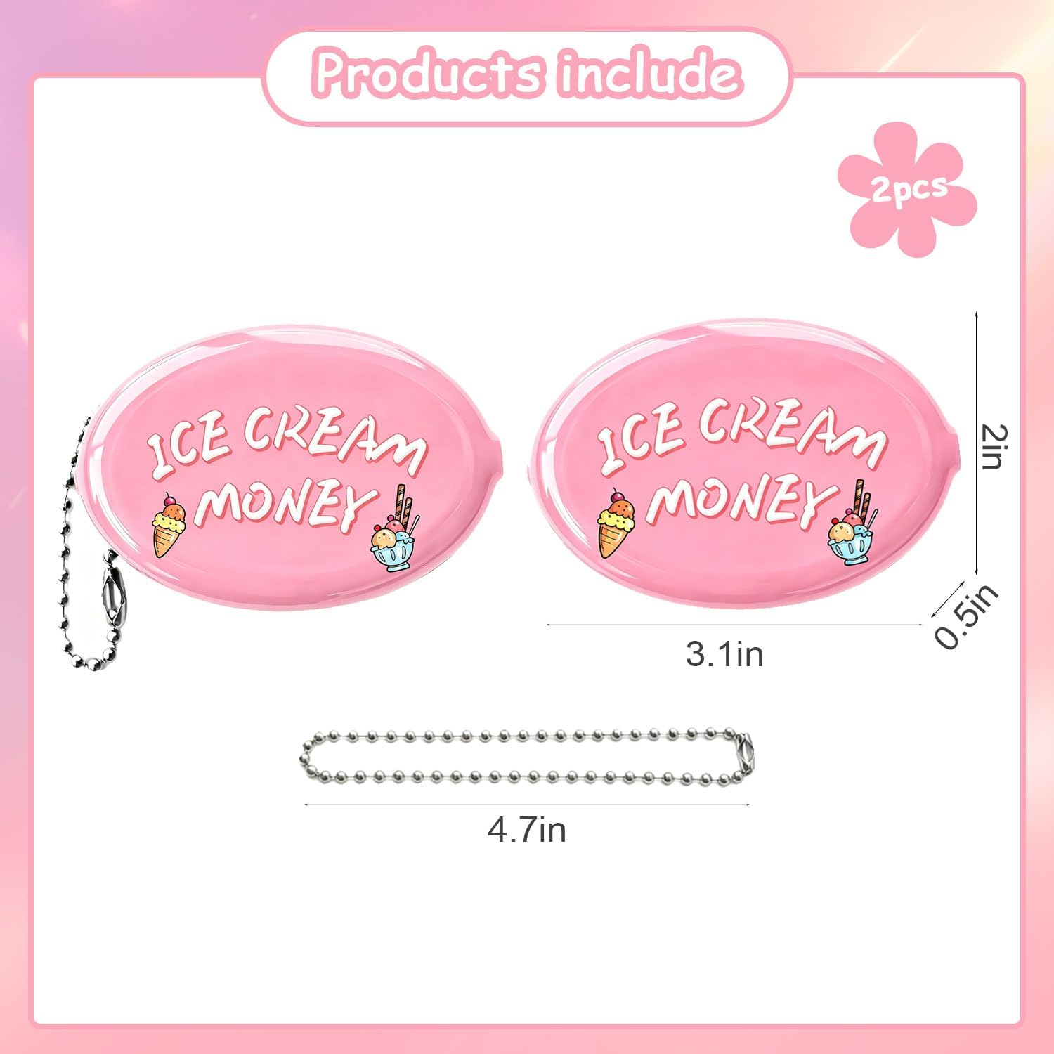 2 Pcs Rubber Squeeze Coin Pouch Ice Cream Money Oval Squeeze Coin Purse, Pink Portable Rubber Coin Purse Keychain Coin Holder for Travel & Everyday Use image 2