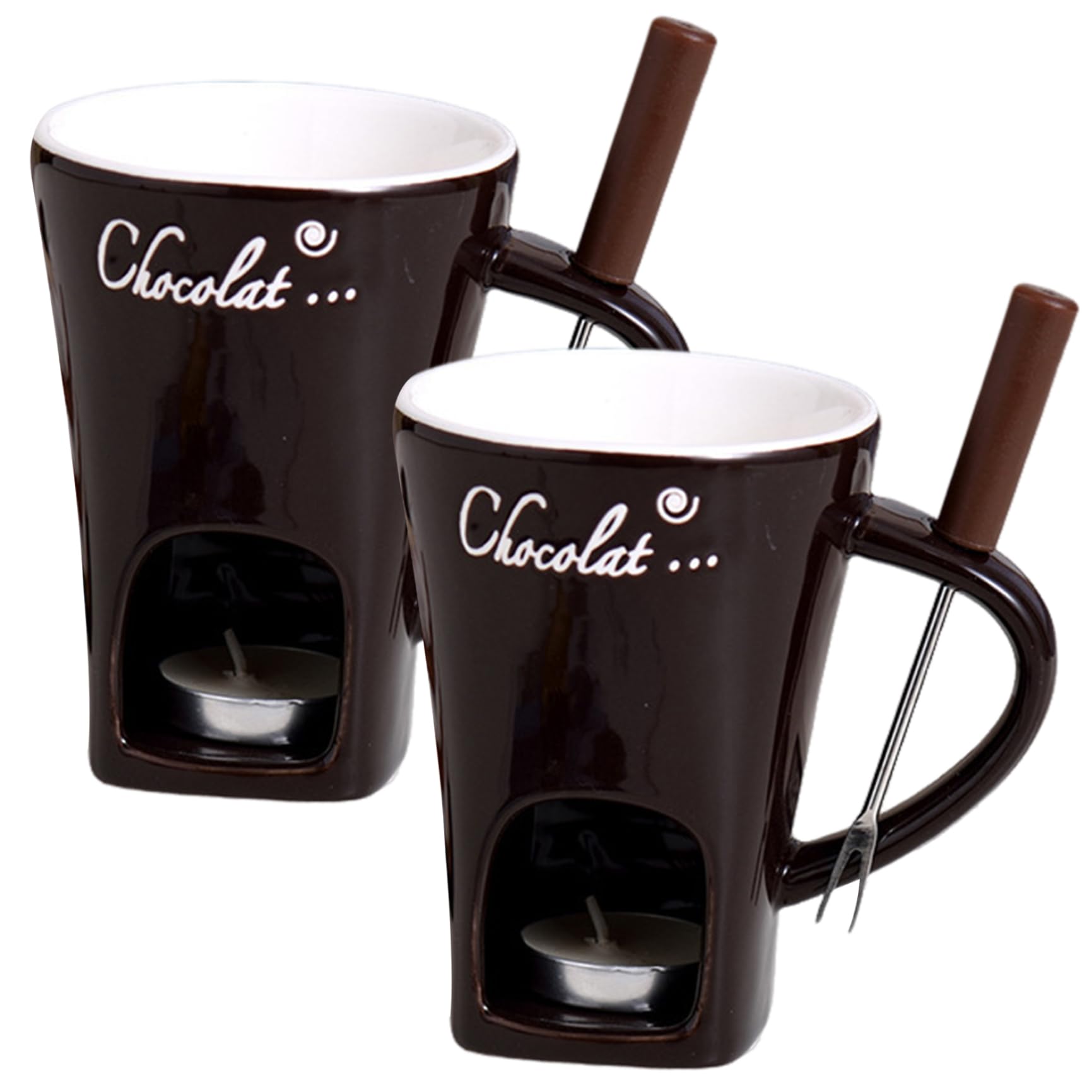 BEAHING 2Pcs Ceramic Chocolate Fondue Cup with Fork, Tealight Cave and Fork Holder, Fondue Mug with Handle (Tealight Not Included)