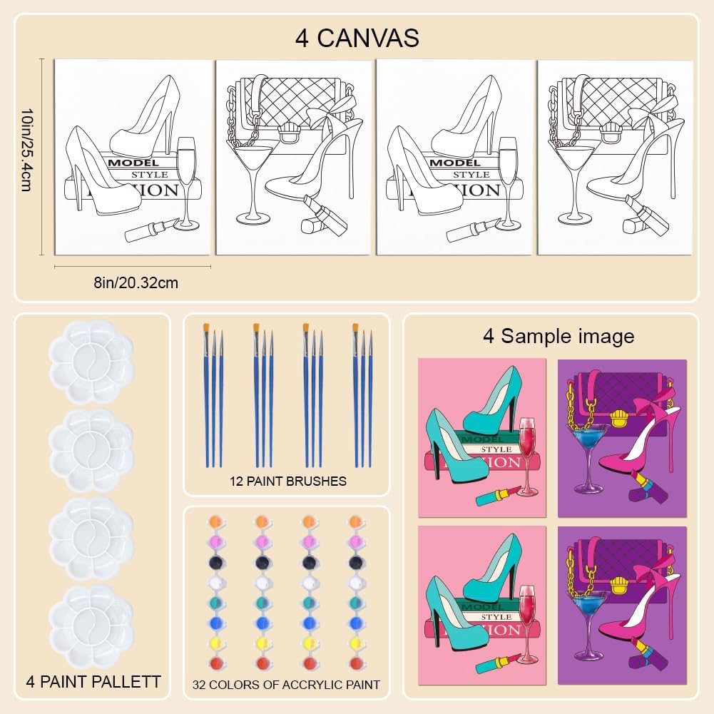 WEBEEDY 4 Pack Pre Drawn Canvas for Painting, High Heel Pre Printed Sketched Canvas for Ladies Sip and Paint Party Favor Ready-to-Paint Art Set Christmas Birthday Decor Gift (8 x 10 Inch/20x25cm) image 2