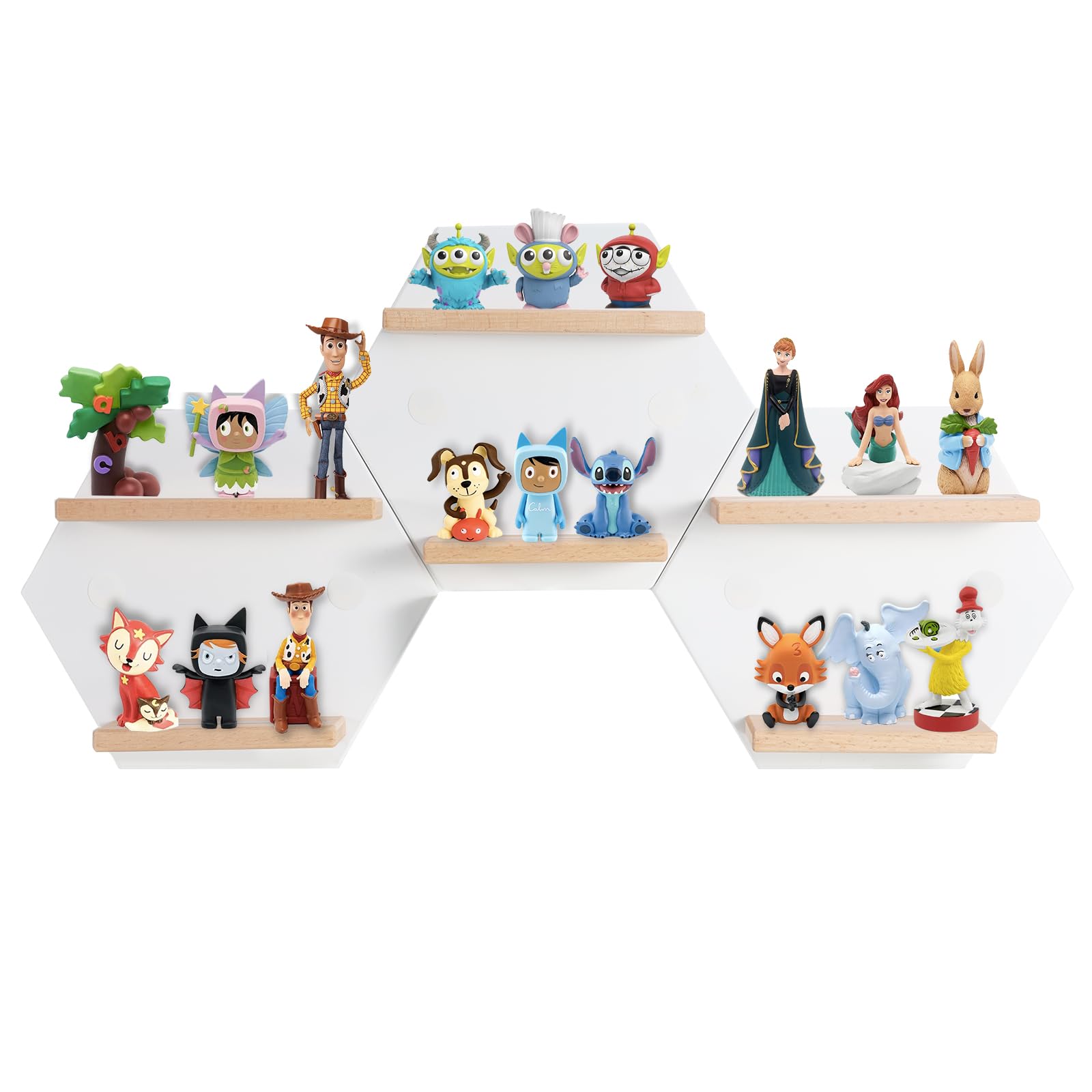 Tonie Shelf Magnetic,Hexagon Shape for Toniebox Figures Storage Display Shelf,Wall Floating Shelves Wooden,Compatible Charging Station, 3 PCS