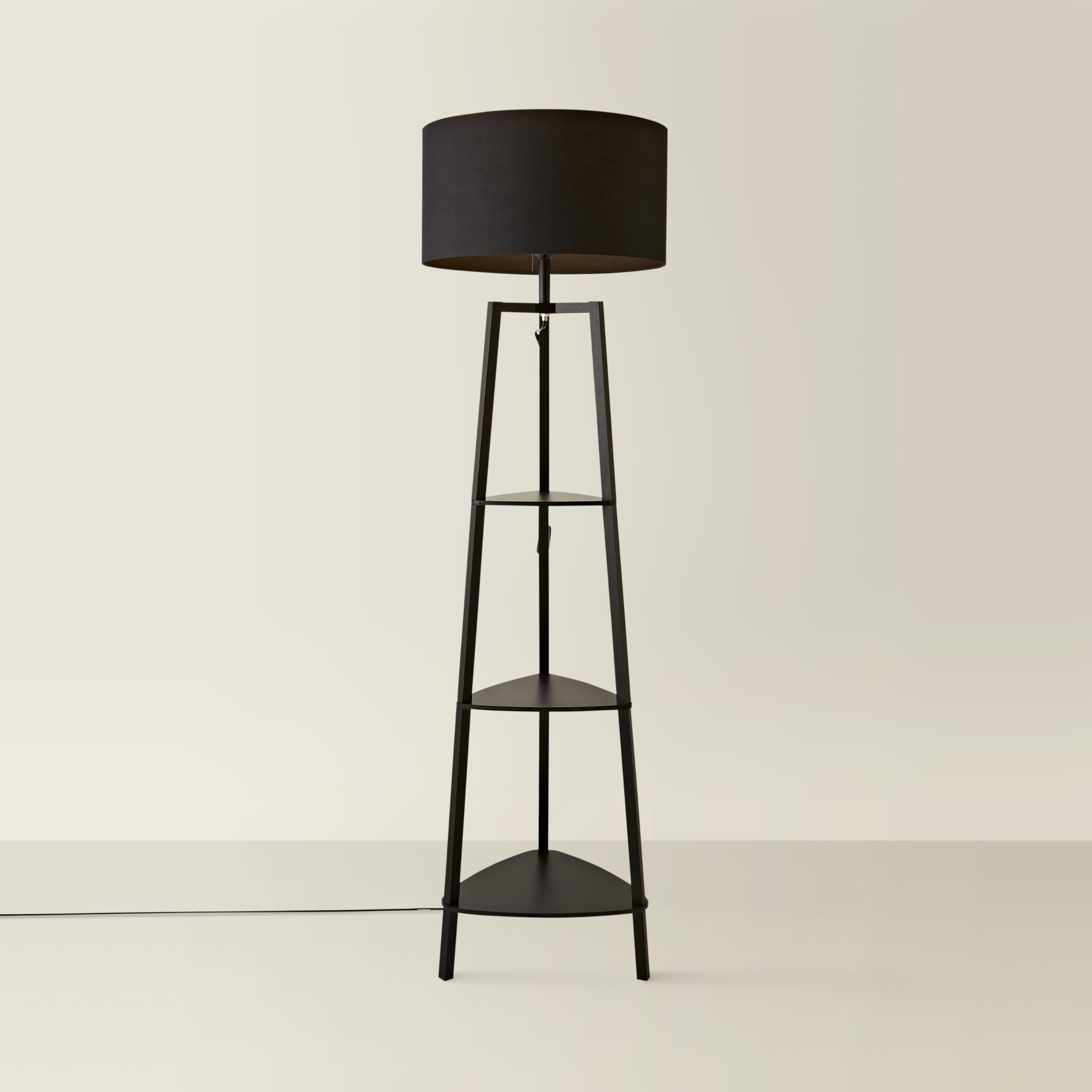 MiniSun | Black Wooden 3 Tier Floor Standard Lamp with Storage Shelves Bedroom Living Room Lounge Light - Black Shade | Floor Lamps & Home Improvements Essential