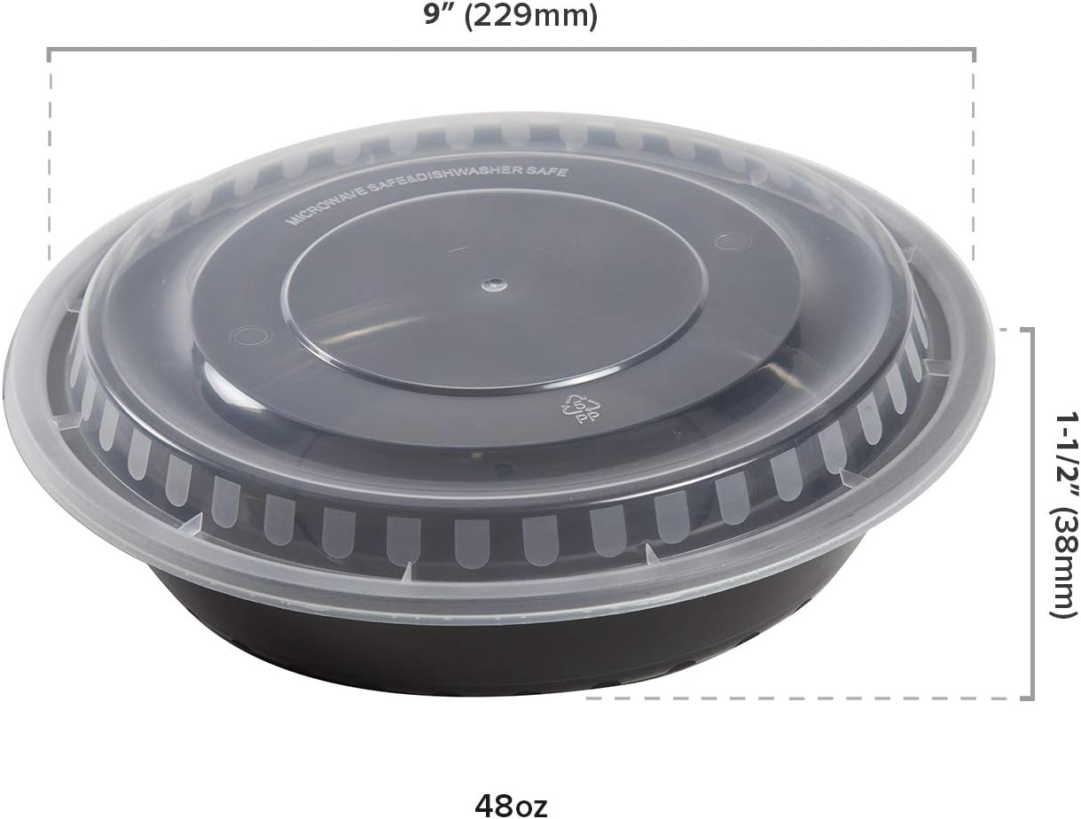AmerCare 9 Inch Round Black Plastic Containers with Lids, 48 Ounces for Microwave or Freezer, Pack of 150