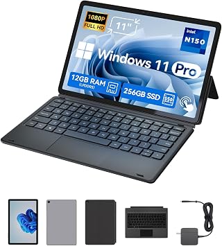 11 inch 2-in-1 Laptops, Win 11 Touchscreen PC Compatible with Twin Lake N150, 12GB RAM 256GB SSD, 1920x1200 IPS FHD Tablet USB-C/HDMI WiFi 6 with Magnetic Keyboard and Kickstand