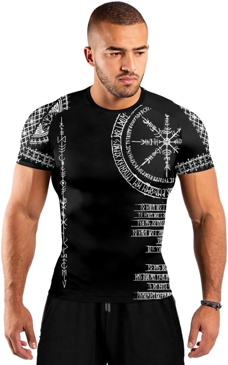Viking Norse Rune Men's Rash Guard Shirts Short Sleeve, Baselayer Compression Shirt for Jiu Jitsu MMA