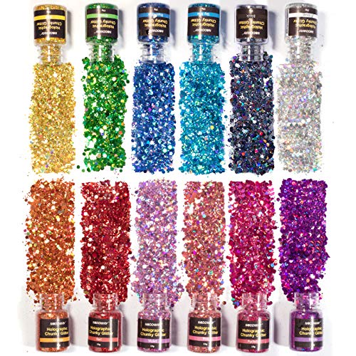 NODDWAY 180g Chunky Glitter Set - 12 Colors for Resin Crafts, Cosmetic Projects, and More