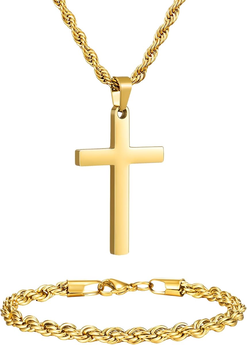 Juego de collar y pulsera con cruz de acero inoxidable para hombre, cadenas de cuerda