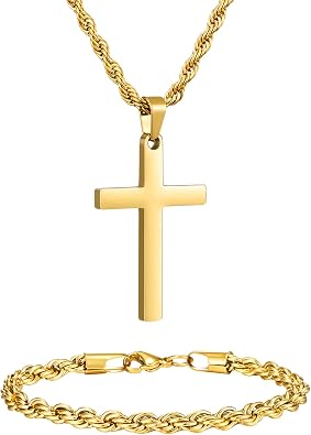 NORBU Stainless Steel Cross Necklace and Bracelet Set for Men, Cuban Link