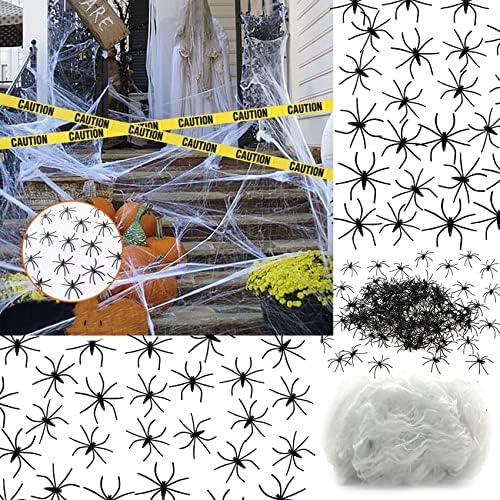 RMMD Halloween Spider Web Decoration 120PCS Plastic Fake Spiders +120g Spider Web +Strchable Caution Tape for Haunted House Props Spider Webs for Outdoor Indoor Halloween Party Decorations