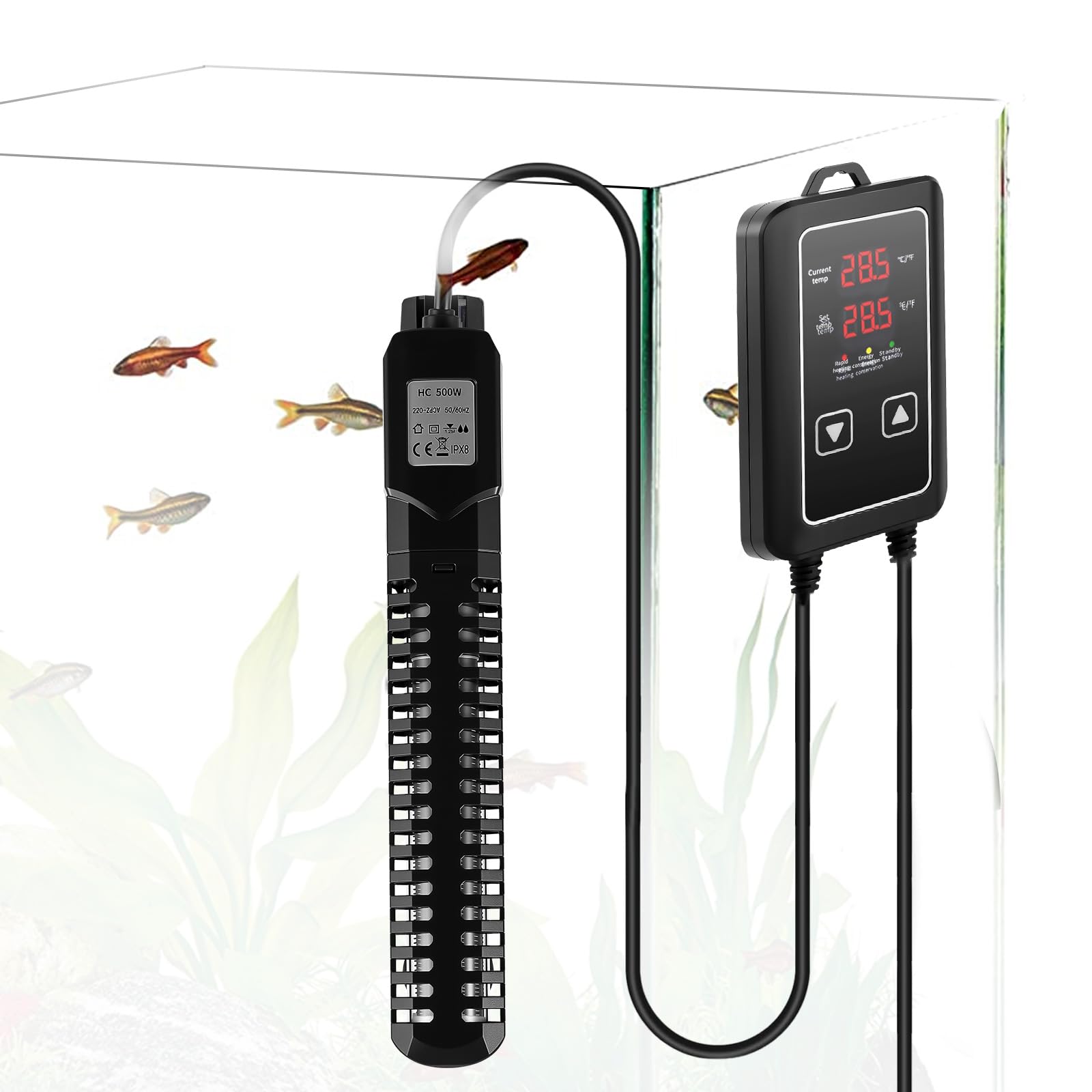 500W Aquarium Heizung, Temperatur Einstellbare Aquarium Heizer mit LED-Digitalanzeige, Saugnäpfen und Übertemperaturschutz, Thermostatheizung für Fischtanks und Aquarium 50L-400L (500W)