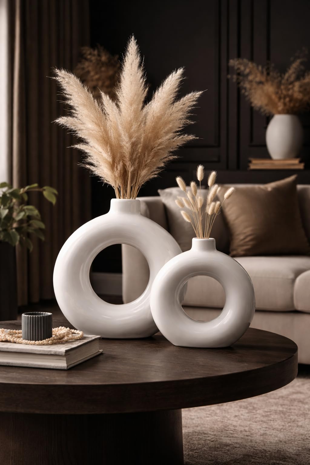 Modern Ceramic Donut Vase Set of 2 (White) | Minimalist Ring Shape Decorative Flower Vase for Living Room, Bedroom, Office & Table Decor | Perfect for Pampas Grass & Dry Flowers (5,6 Inch)-image-13