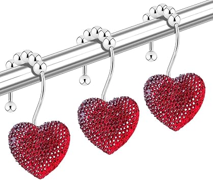 Diamond Shower Curtain Hooks, 12-Pack Heart Shaped Crystal Shower Rings, Acrylic Decorative Bathroom Hangers, Red Bling Fancy Valentines Day