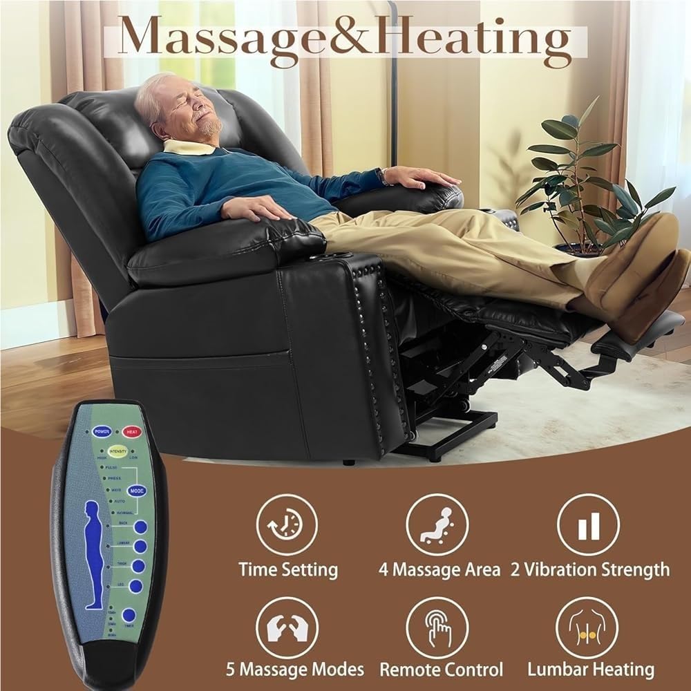 Large Power Lift Chair Recliner for Elderly with Lay Flat Function Adjustable Headrest Extended Footrest Infinite Position Massage and Heat Heavy Duty Electric Lift Mechanism