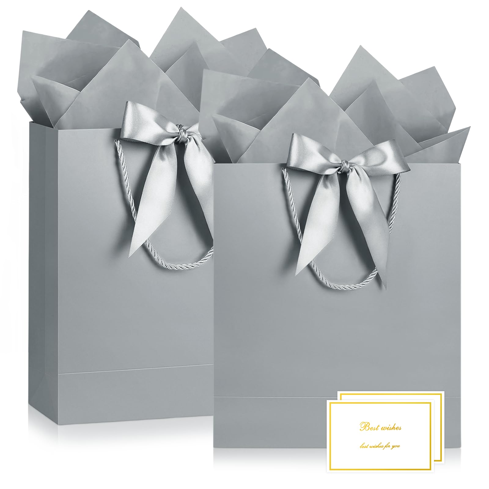 JMANNI Medium Silver Gift Bags, Paper Bags with Handles 2-Pack