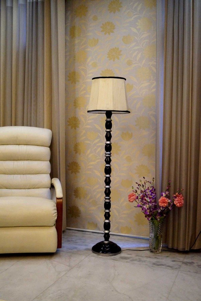 Mango Wood BLK/Silver Floor LAMP with Shade-CYLENDRICAL-Color-Khadi/BLK-image-18