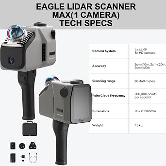 Eagle LiDAR Spatial Laser 3D Scanner - 360 Views 1x48MP 8K HDR Color Mapping SLAM Up to 140m Scan Range 2cm Accuracy for Environment Capture Reality Modeling Outdoor Indoor Surveying Construction